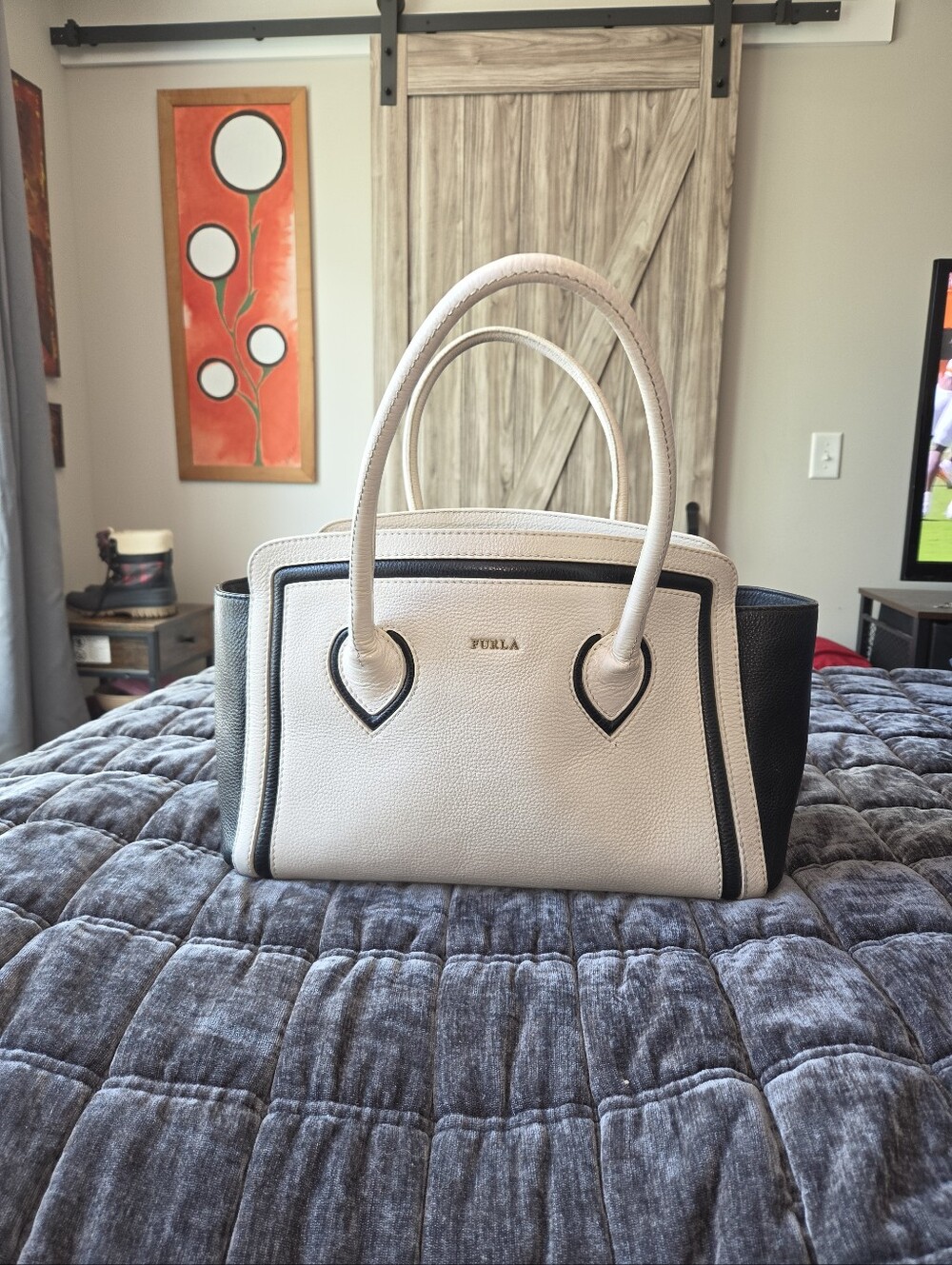 Furla Two-Tone White and Black Leather Satchel